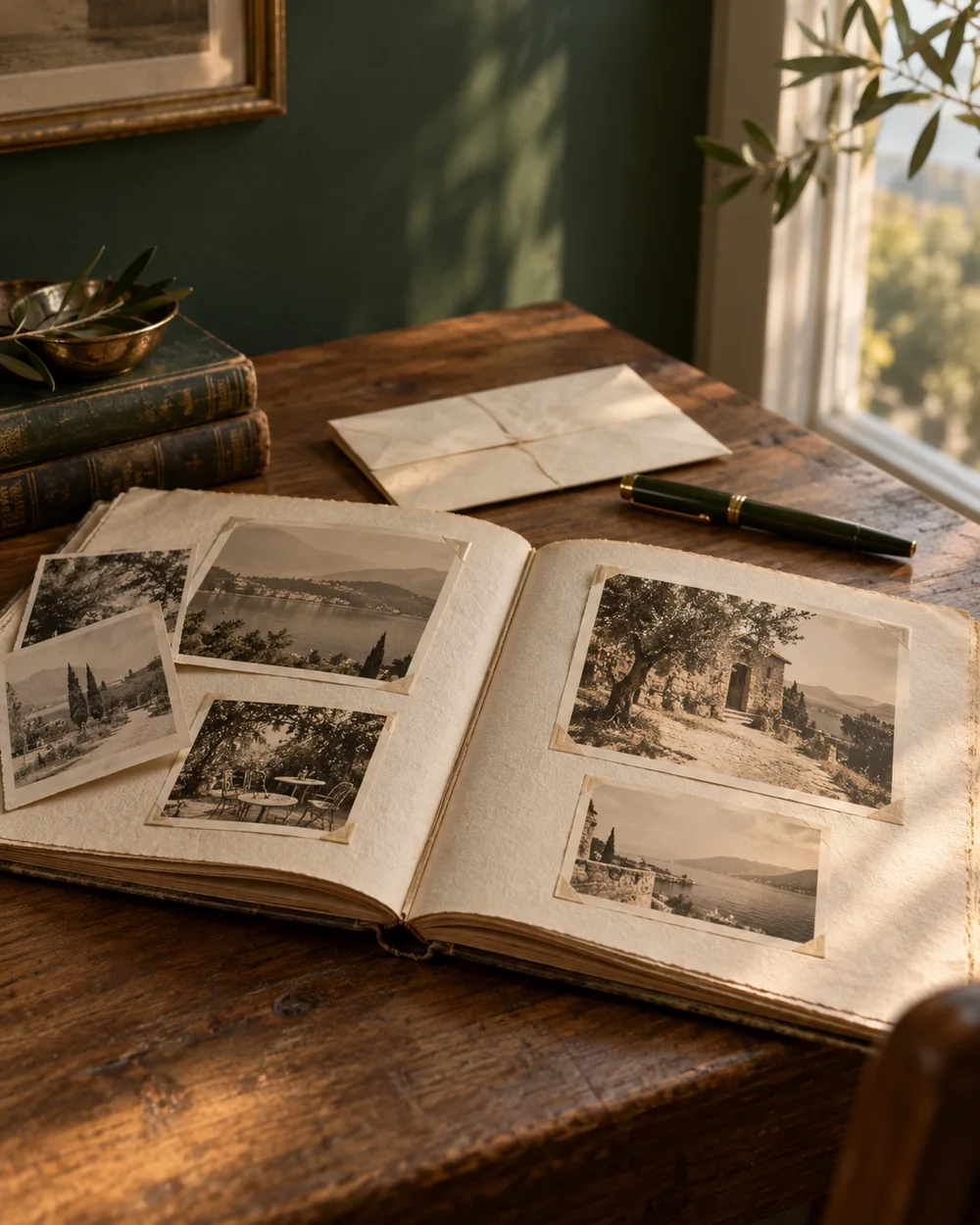 Illustrative still life of a photo album, a letter, and a fountain pen in warm window light