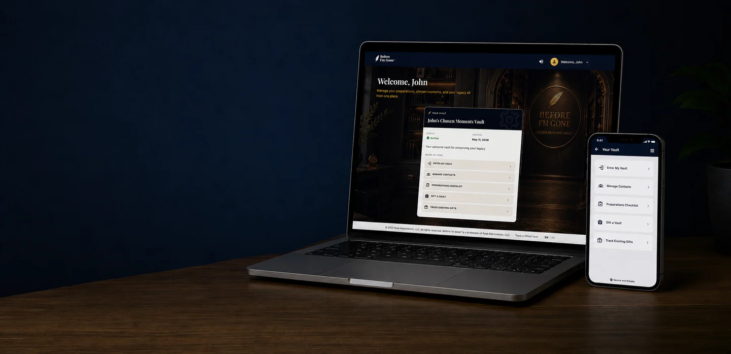 The Before I'm Gone vault shown on a laptop and phone